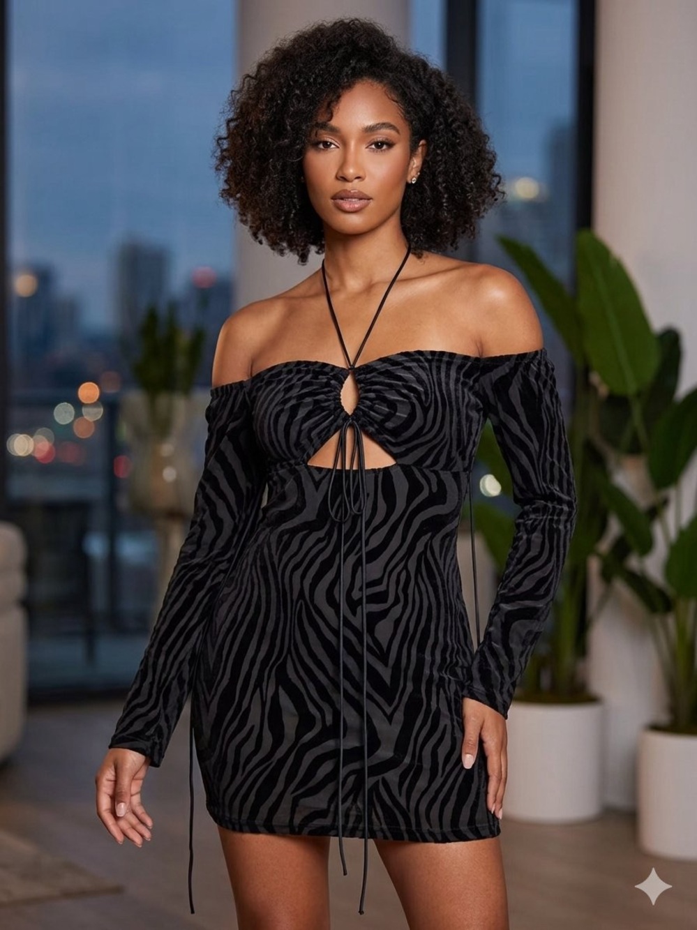 PrettyLittleThing Black Zebra-Print Off-Shoulder Mini Dress